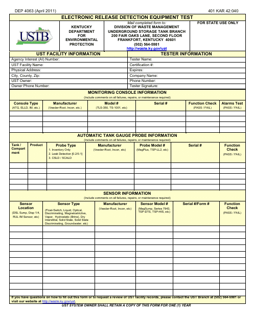 Form DEP4063 Electronic Release Detection Equipment Test - Kentucky