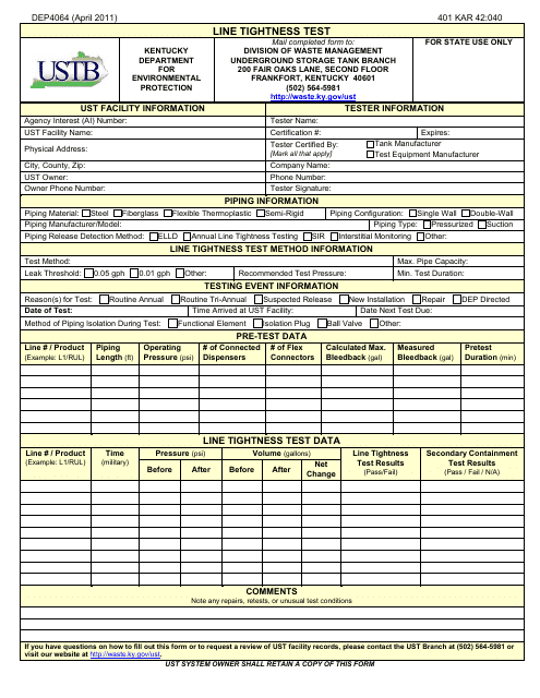 Form DEP4064 Line Tightness Test - Kentucky