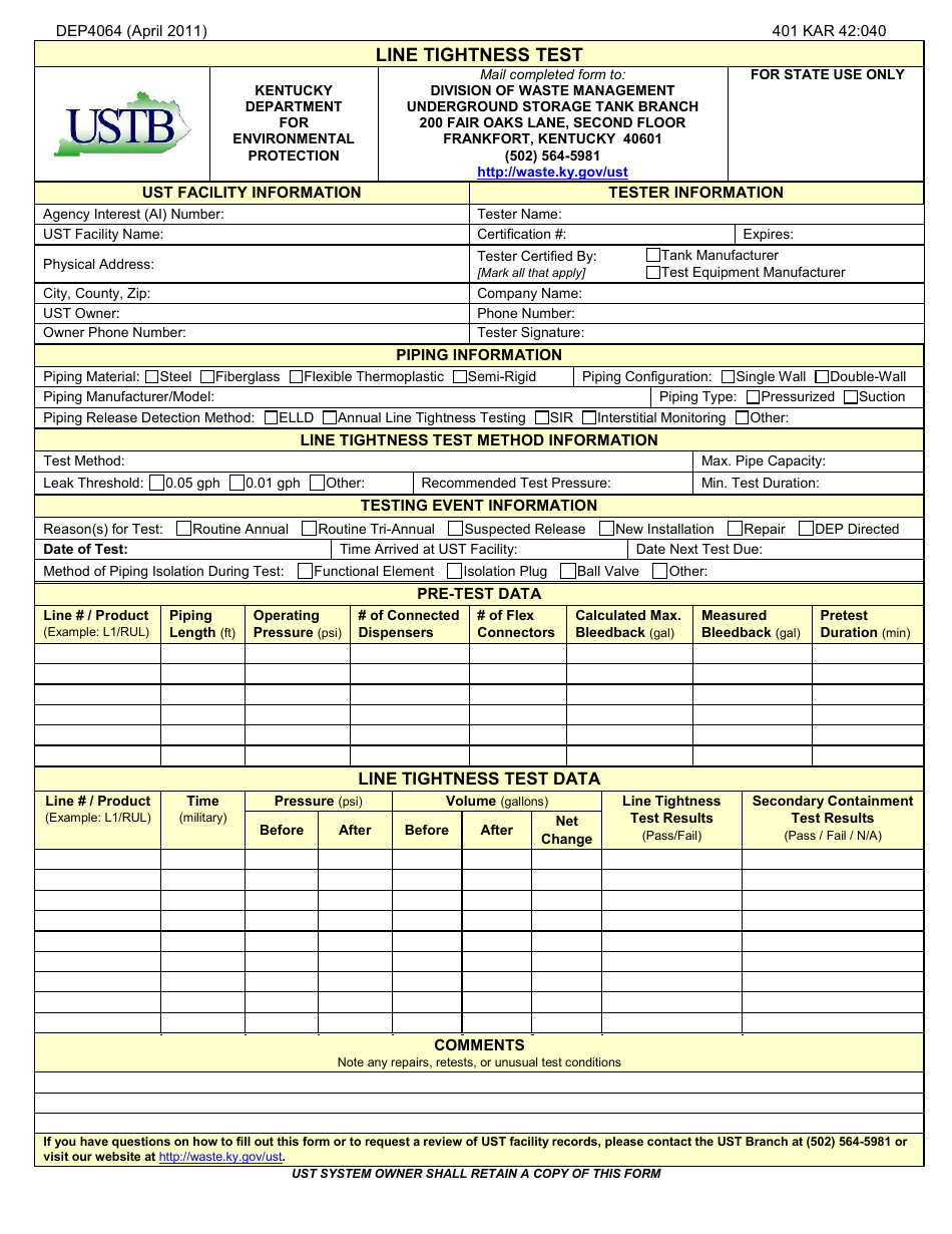Form DEP4064 Line Tightness Test - Kentucky, Page 1