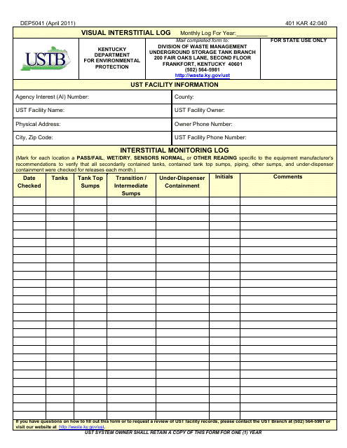 Form DEP5041 Visual Interstitial Log - Kentucky