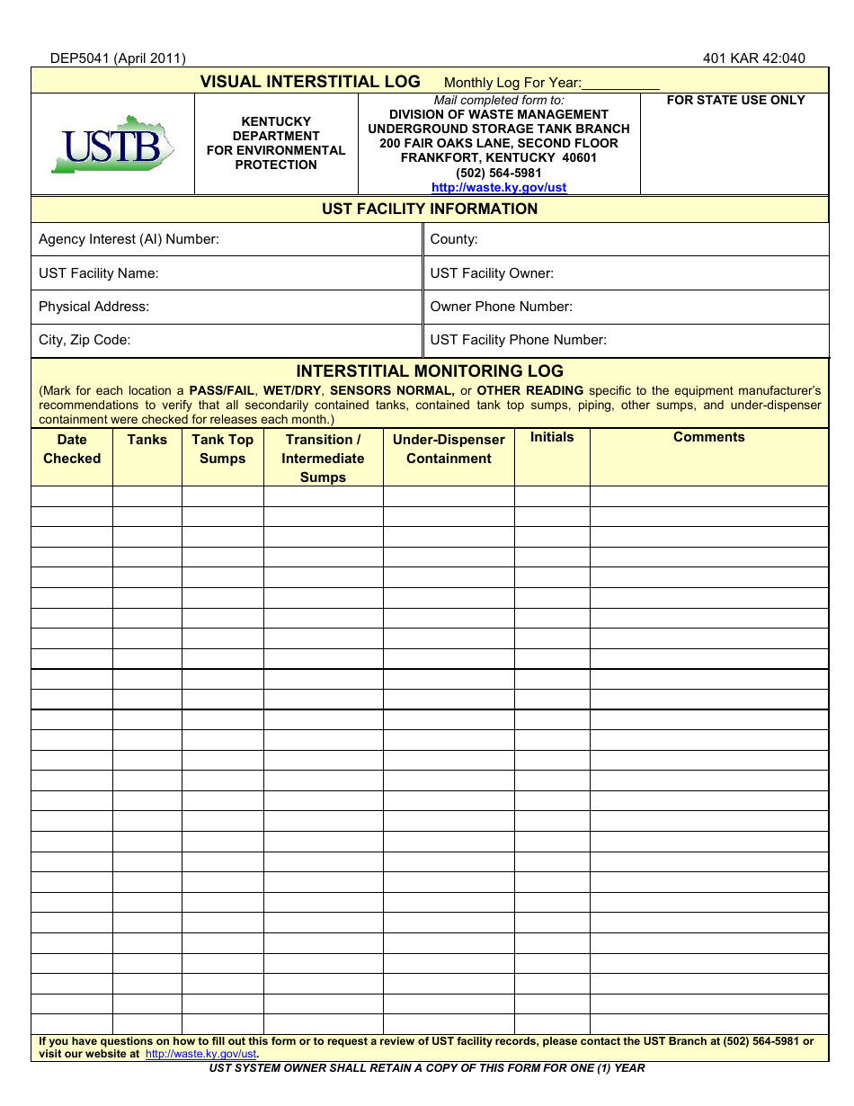 Form DEP5041 Visual Interstitial Log - Kentucky, Page 1