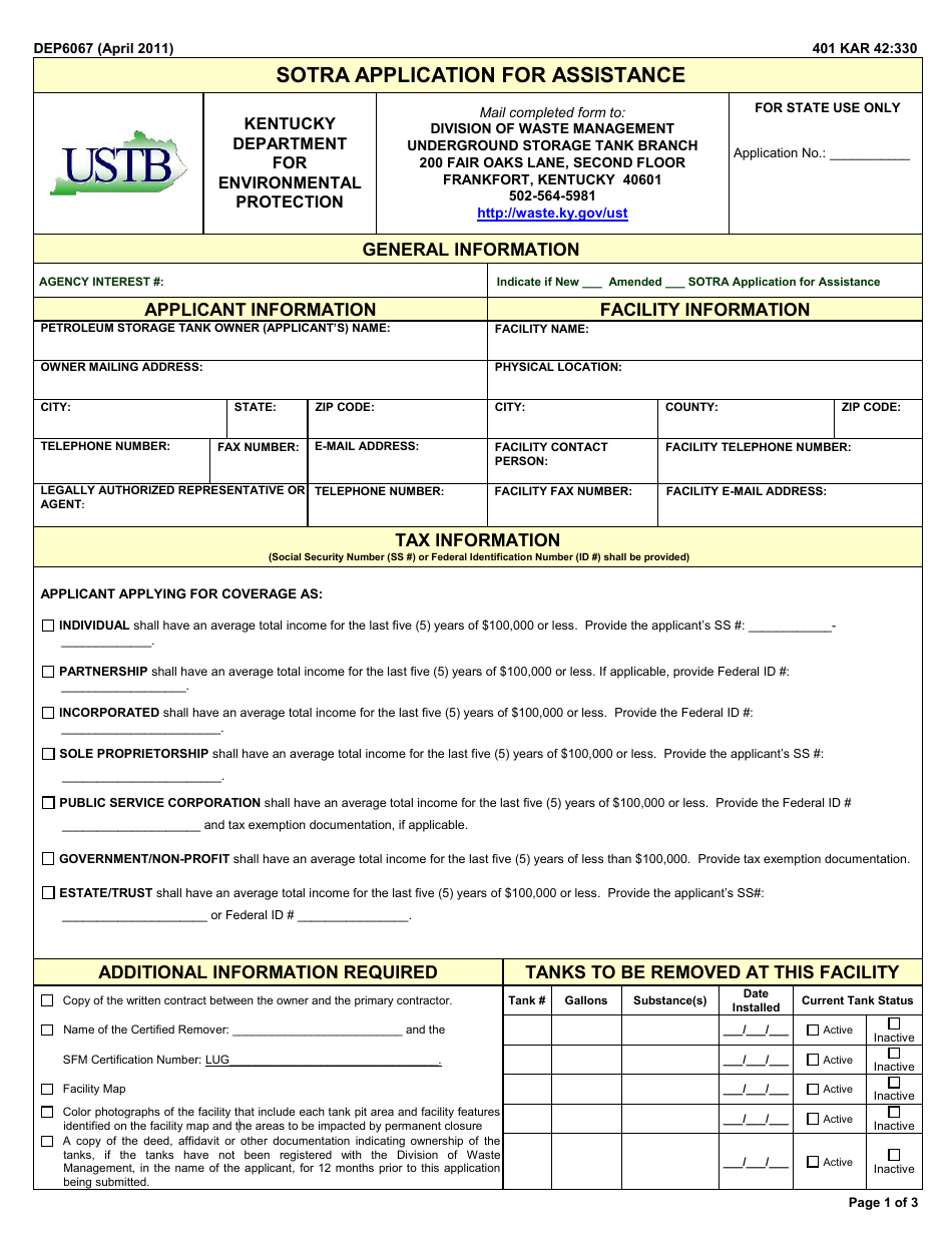 Form DEP6067 Sotra Application for Assistance - Kentucky, Page 1