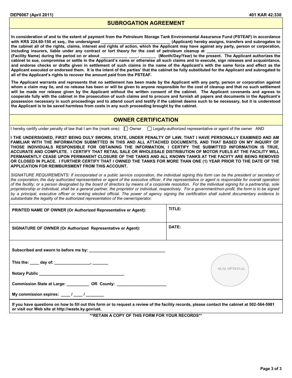 Form DEP6067 Sotra Application for Assistance - Kentucky, Page 3