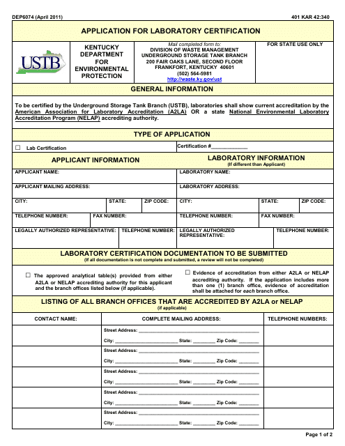 Form DEP6074 Application for Laboratory Certification - Kentucky
