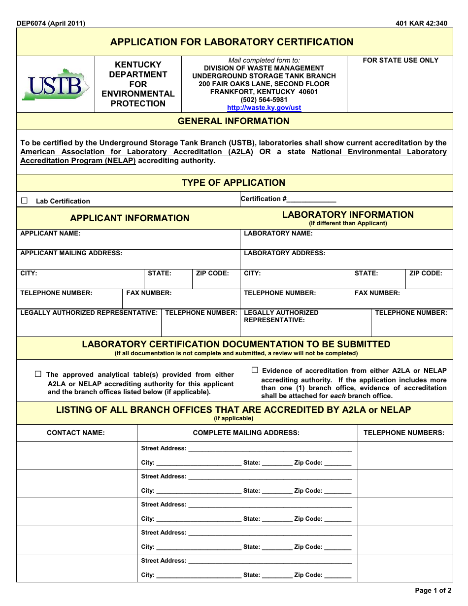 Form DEP6074 Application for Laboratory Certification - Kentucky, Page 1