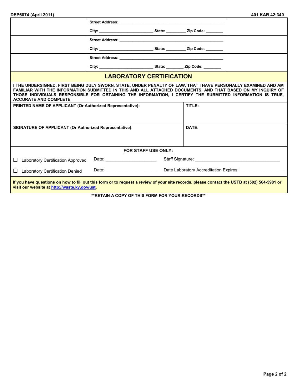 Form DEP6074 Application for Laboratory Certification - Kentucky, Page 2