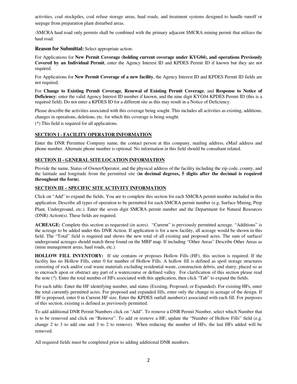Instructions for Form NOI-KYG04 Notice of Intent (Noi) for Coverage of Coal Mining, Processing and Associated Activities in Kentucky Under the Kpdes General Permit - Kentucky, Page 2