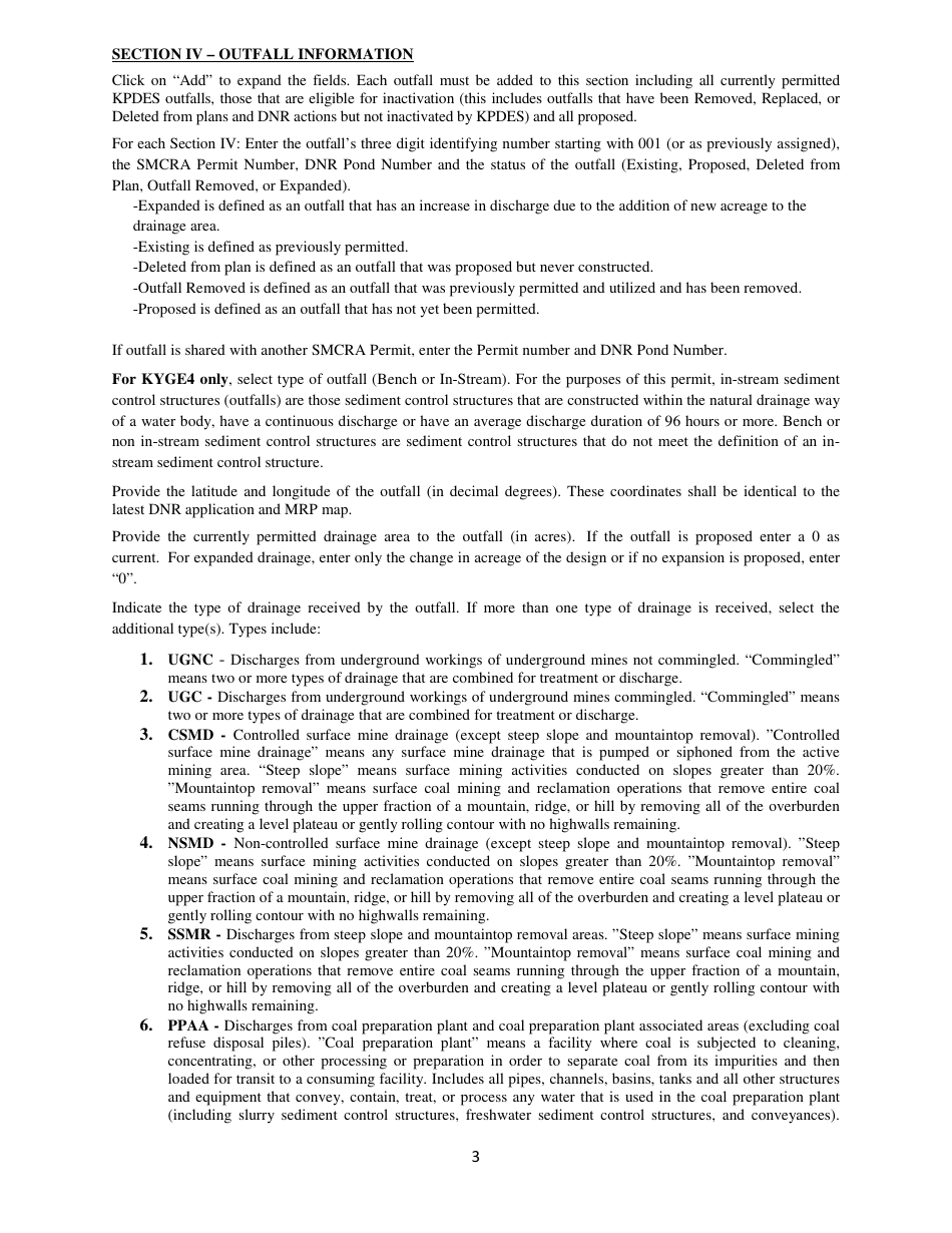 Instructions for Form NOI-KYG04 Notice of Intent (Noi) for Coverage of Coal Mining, Processing and Associated Activities in Kentucky Under the Kpdes General Permit - Kentucky, Page 3