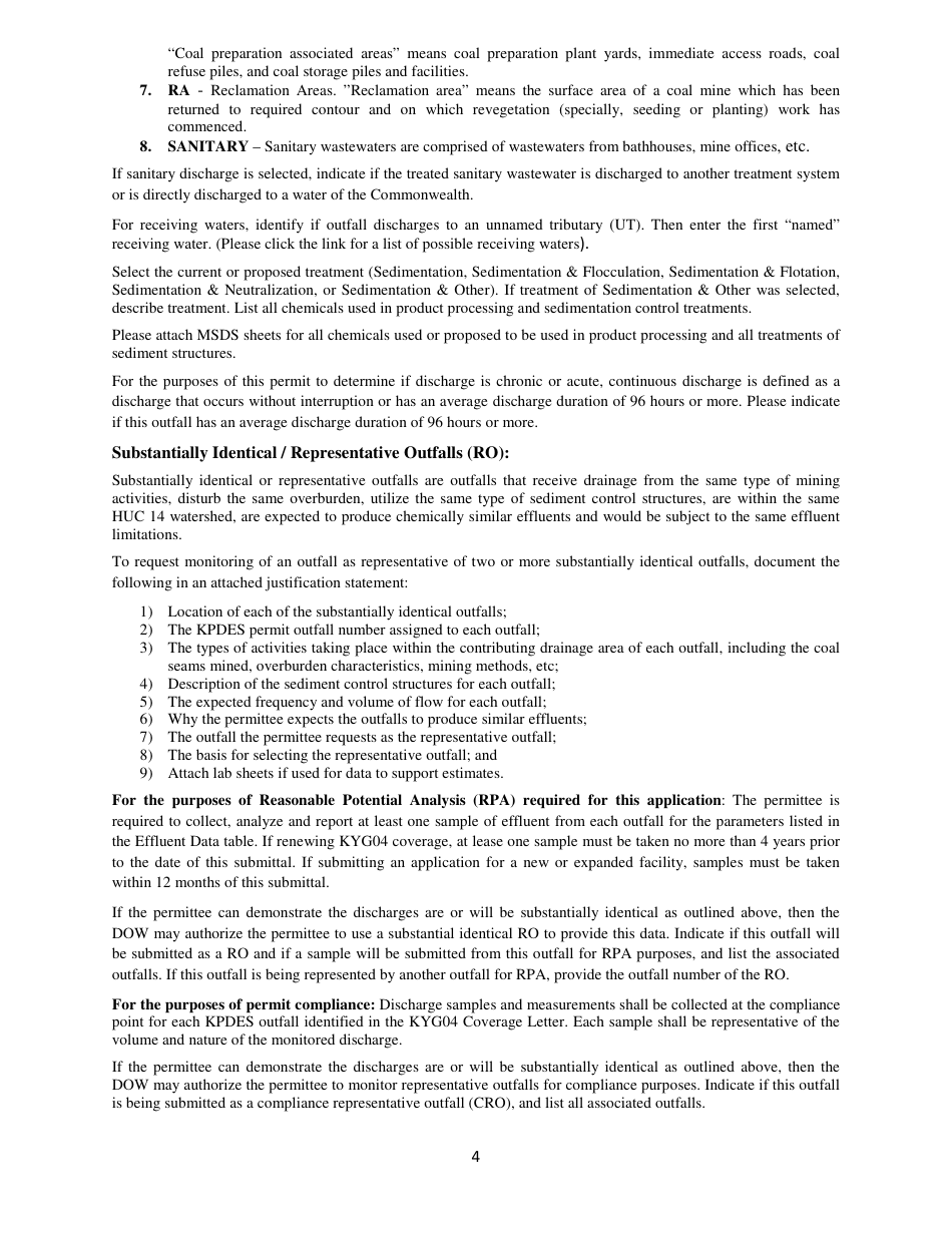 Instructions for Form NOI-KYG04 Notice of Intent (Noi) for Coverage of Coal Mining, Processing and Associated Activities in Kentucky Under the Kpdes General Permit - Kentucky, Page 4