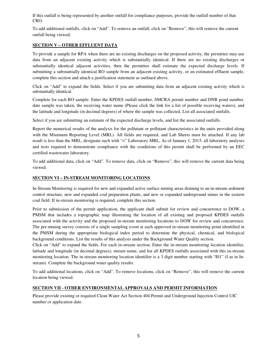 Instructions for Form NOI-KYG04 Notice of Intent (Noi) for Coverage of Coal Mining, Processing and Associated Activities in Kentucky Under the Kpdes General Permit - Kentucky, Page 5