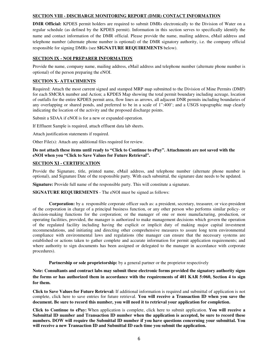 Instructions for Form NOI-KYG04 Notice of Intent (Noi) for Coverage of Coal Mining, Processing and Associated Activities in Kentucky Under the Kpdes General Permit - Kentucky, Page 6