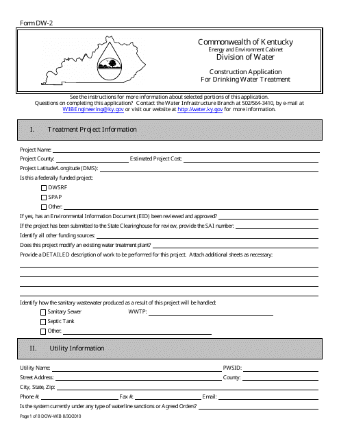 Form DW-2 Construction Application for Drinking Water Treatment - Kentucky