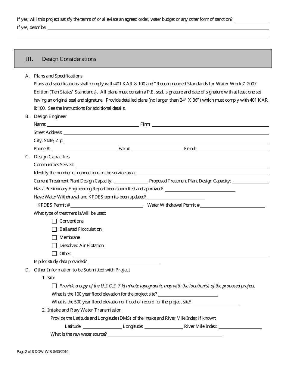 Form DW-2 Construction Application for Drinking Water Treatment - Kentucky, Page 2