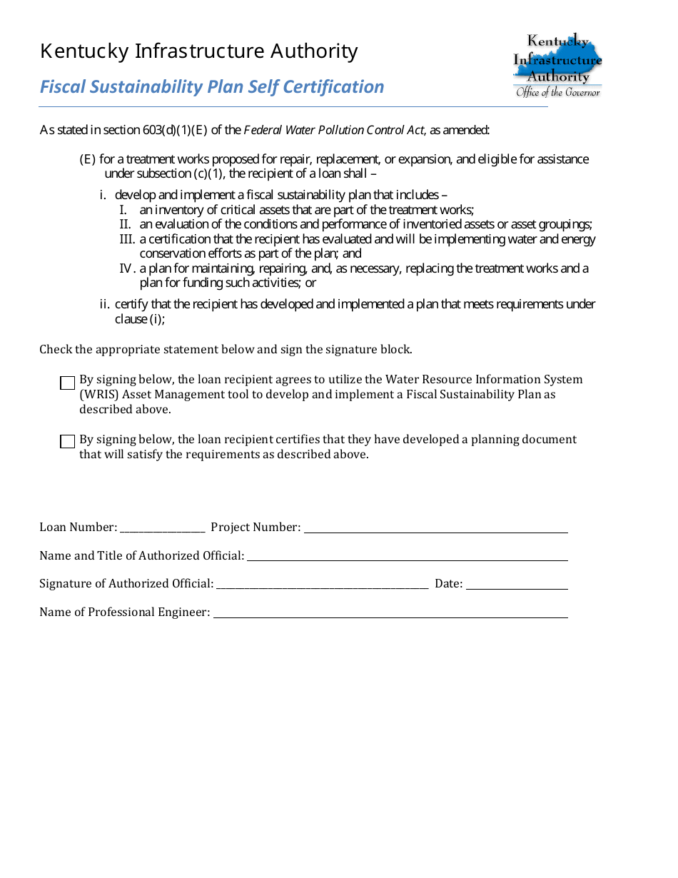 Fiscal Sustainability Plan Self Certification - Kentucky, Page 1