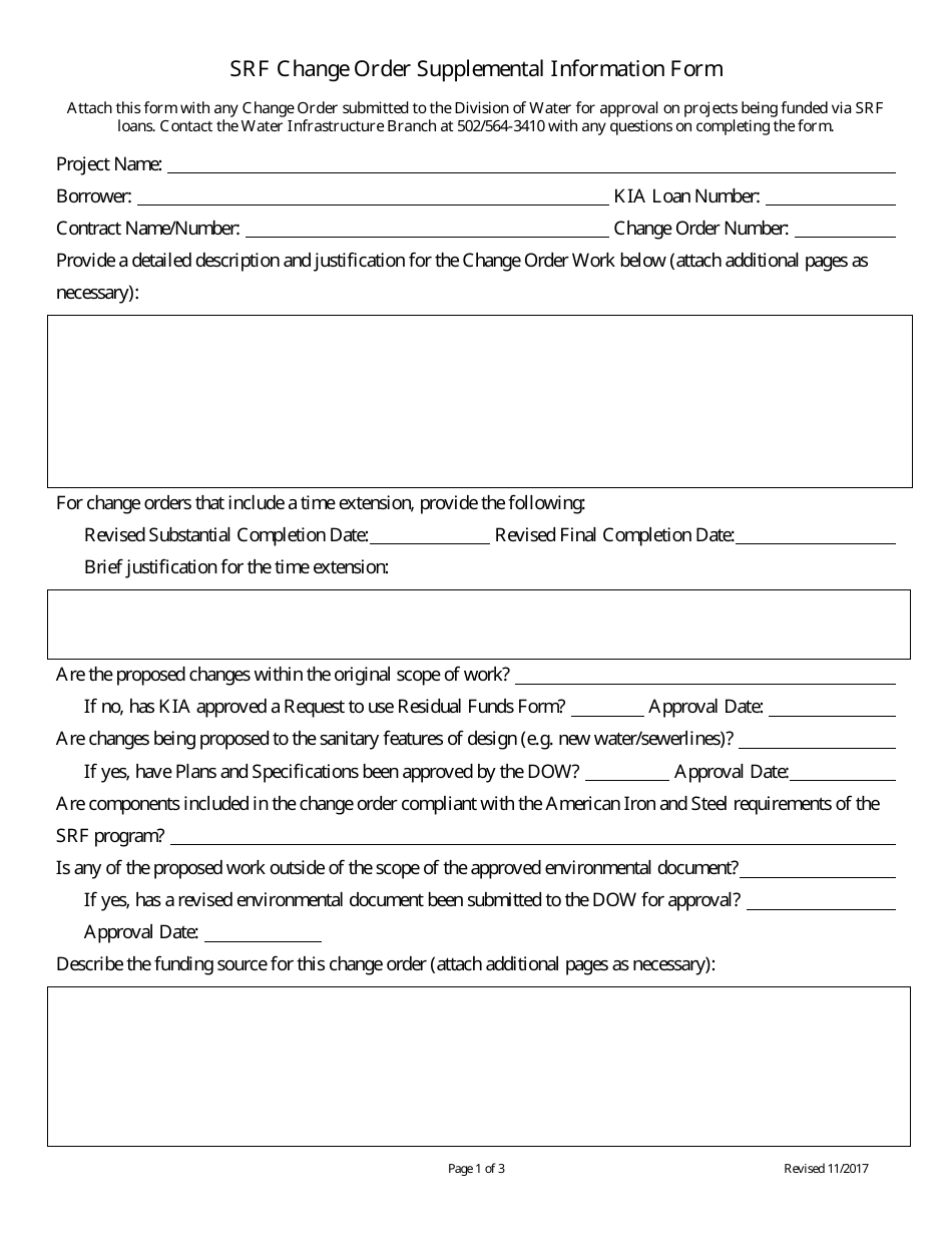 Srf Change Order Supplemental Information Form - Kentucky, Page 1