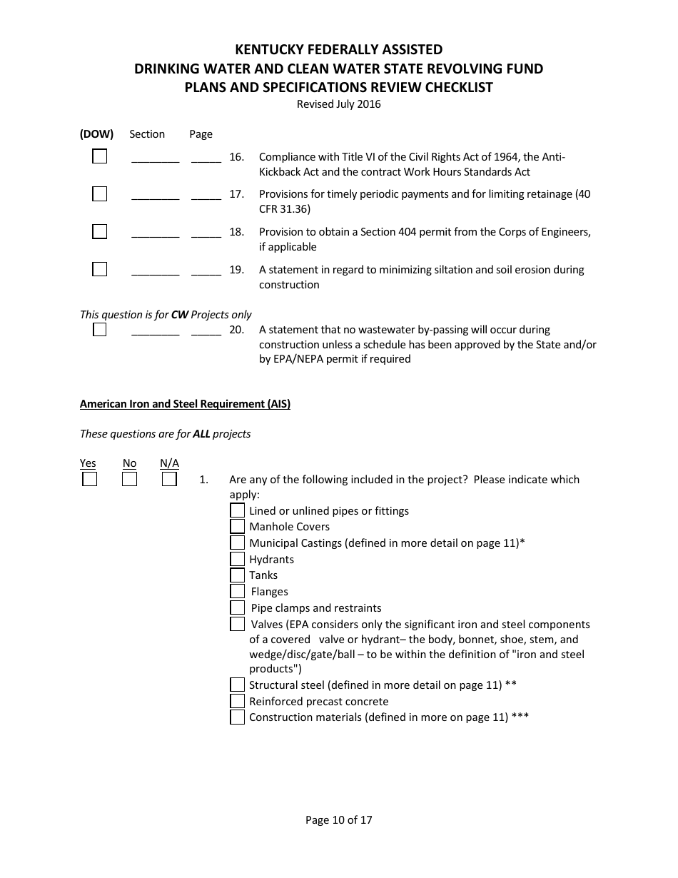 Plans and Specifications Review Checklist - Drinking Water and Clean Water State Revolving Fund - Kentucky, Page 10