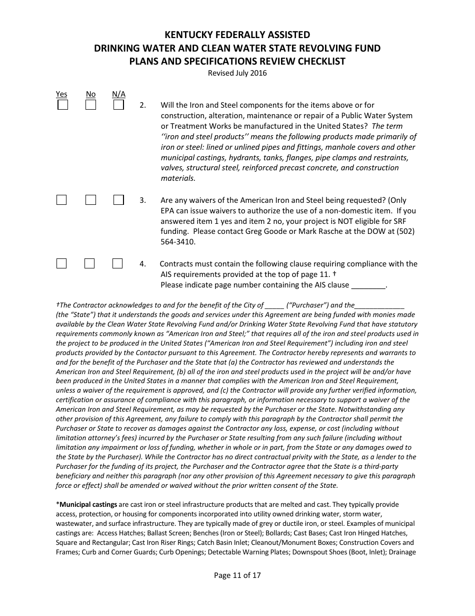 Plans and Specifications Review Checklist - Drinking Water and Clean Water State Revolving Fund - Kentucky, Page 11
