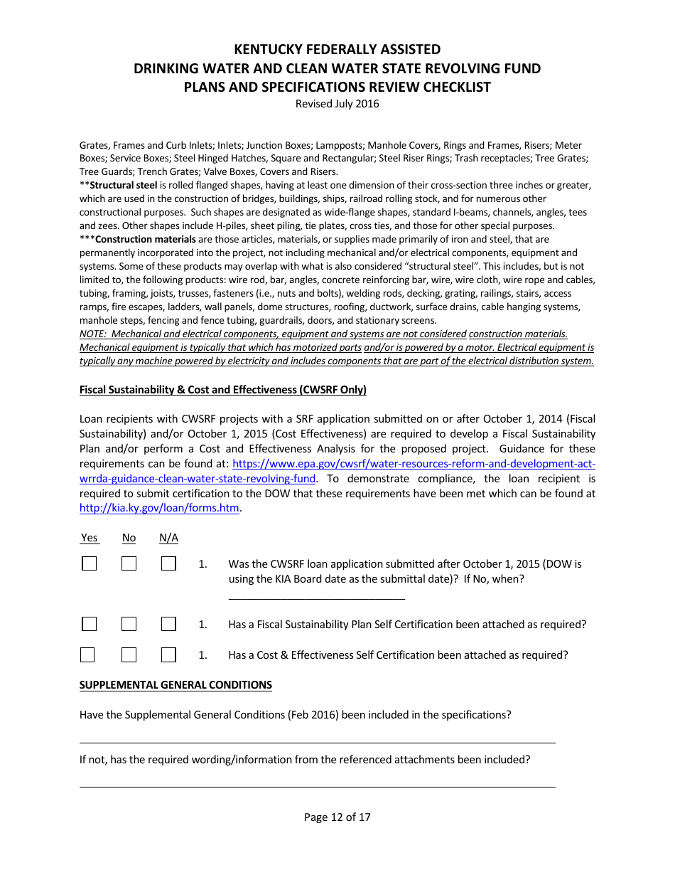 Plans and Specifications Review Checklist - Drinking Water and Clean Water State Revolving Fund - Kentucky, Page 12