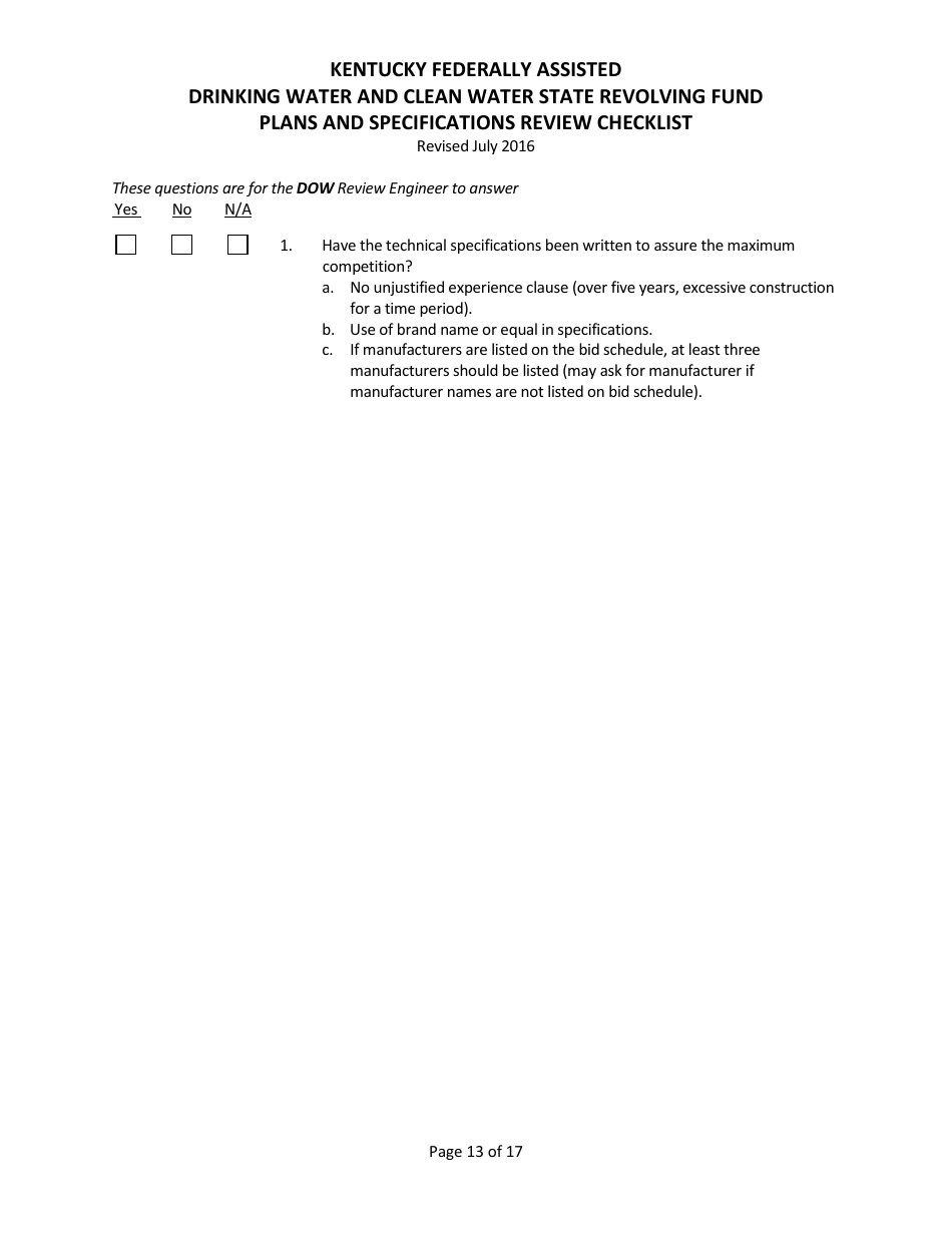 Plans and Specifications Review Checklist - Drinking Water and Clean Water State Revolving Fund - Kentucky, Page 13