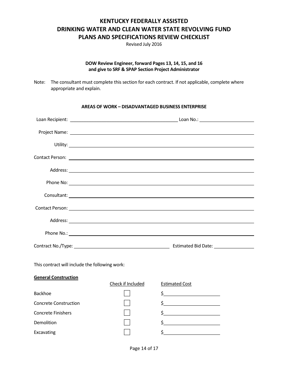 Plans and Specifications Review Checklist - Drinking Water and Clean Water State Revolving Fund - Kentucky, Page 14