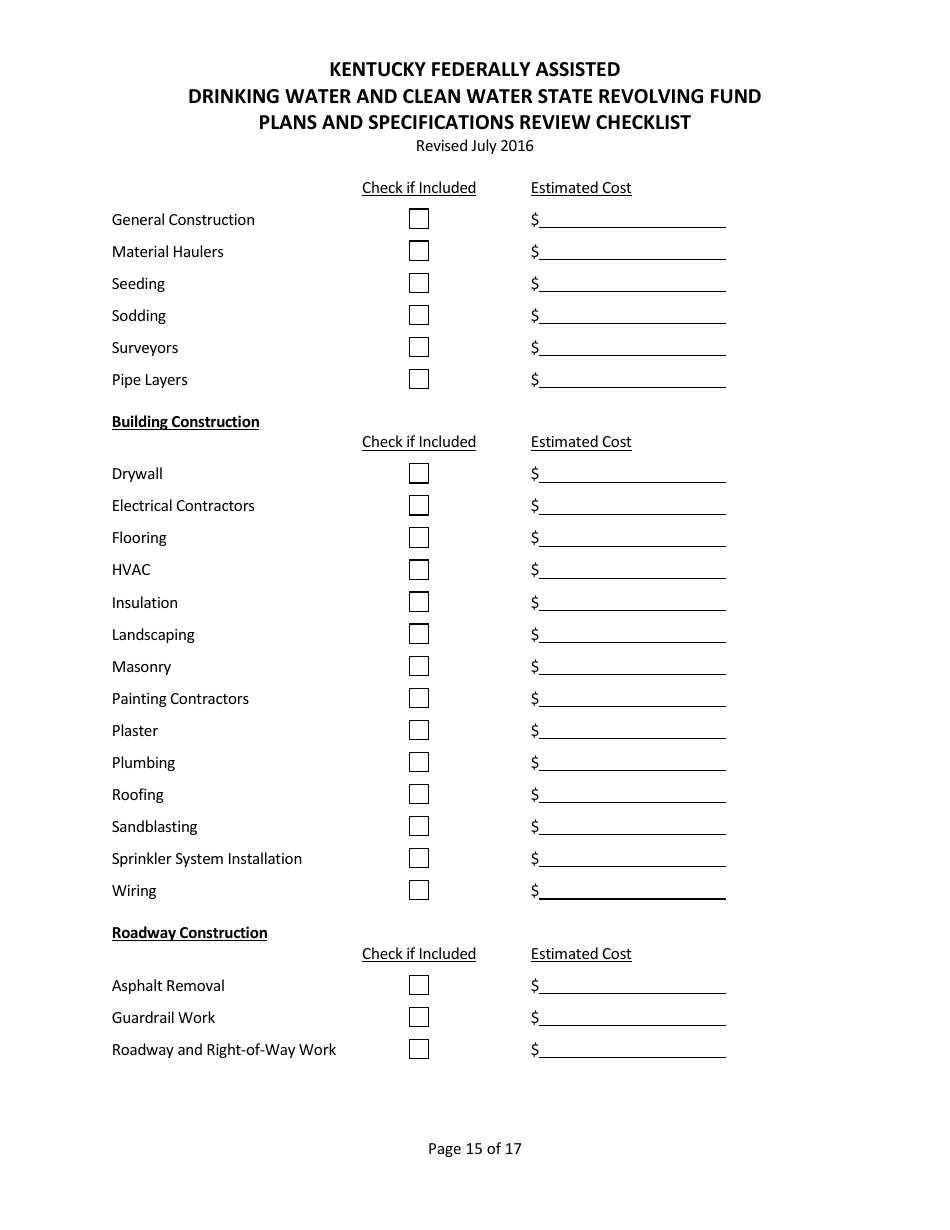 Plans and Specifications Review Checklist - Drinking Water and Clean Water State Revolving Fund - Kentucky, Page 15