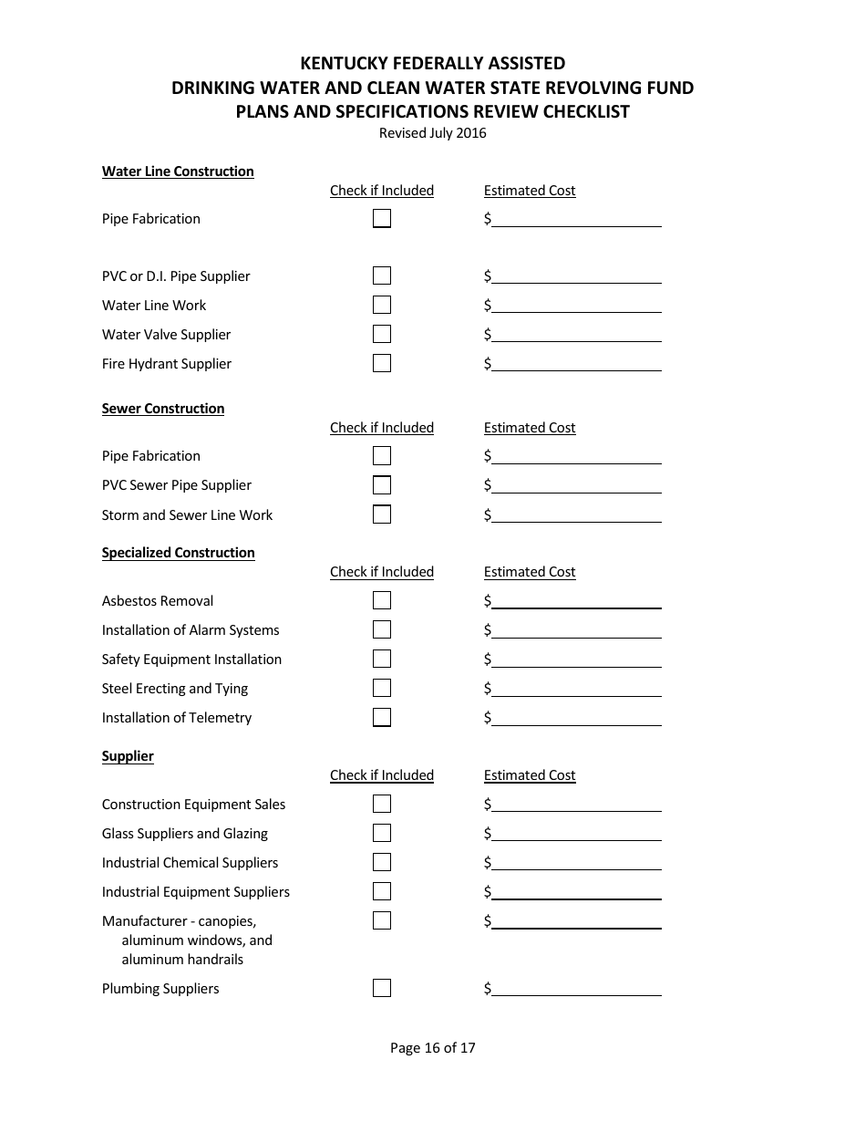 Plans and Specifications Review Checklist - Drinking Water and Clean Water State Revolving Fund - Kentucky, Page 16