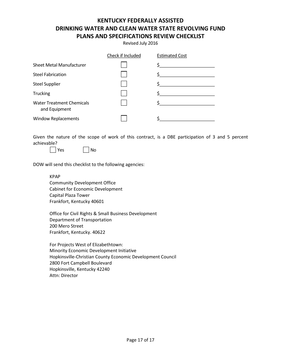 Plans and Specifications Review Checklist - Drinking Water and Clean Water State Revolving Fund - Kentucky, Page 17