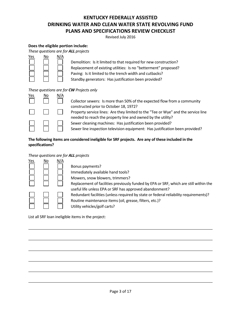 Plans and Specifications Review Checklist - Drinking Water and Clean Water State Revolving Fund - Kentucky, Page 3