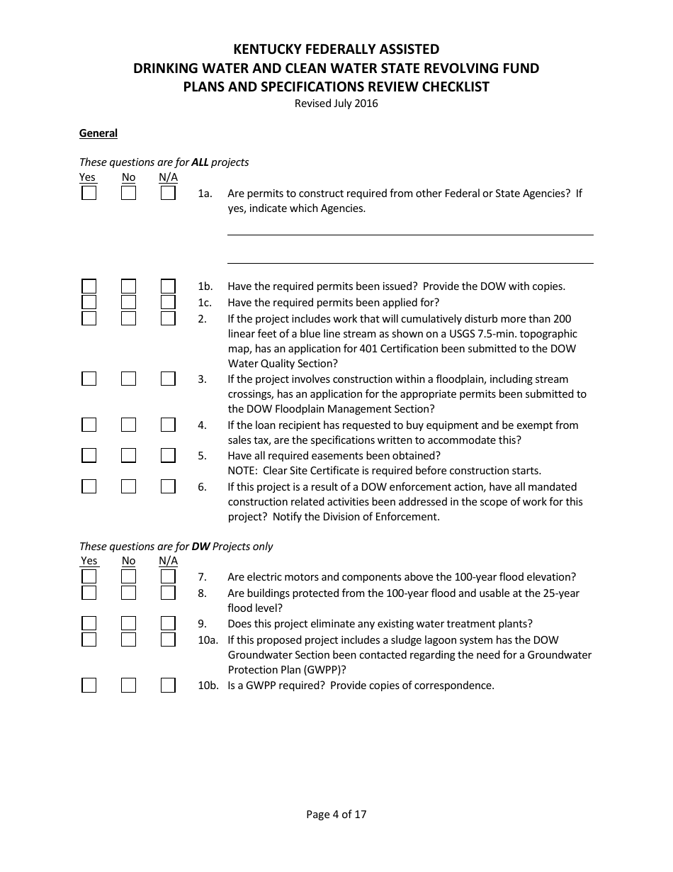 Plans and Specifications Review Checklist - Drinking Water and Clean Water State Revolving Fund - Kentucky, Page 4