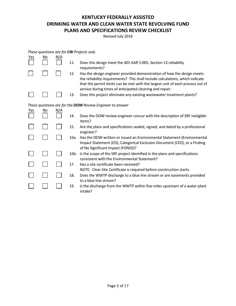 Plans and Specifications Review Checklist - Drinking Water and Clean Water State Revolving Fund - Kentucky, Page 5