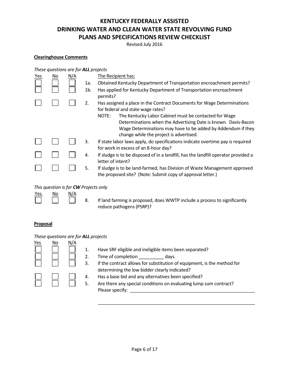 Plans and Specifications Review Checklist - Drinking Water and Clean Water State Revolving Fund - Kentucky, Page 6