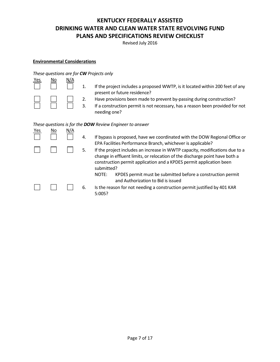 Plans and Specifications Review Checklist - Drinking Water and Clean Water State Revolving Fund - Kentucky, Page 7