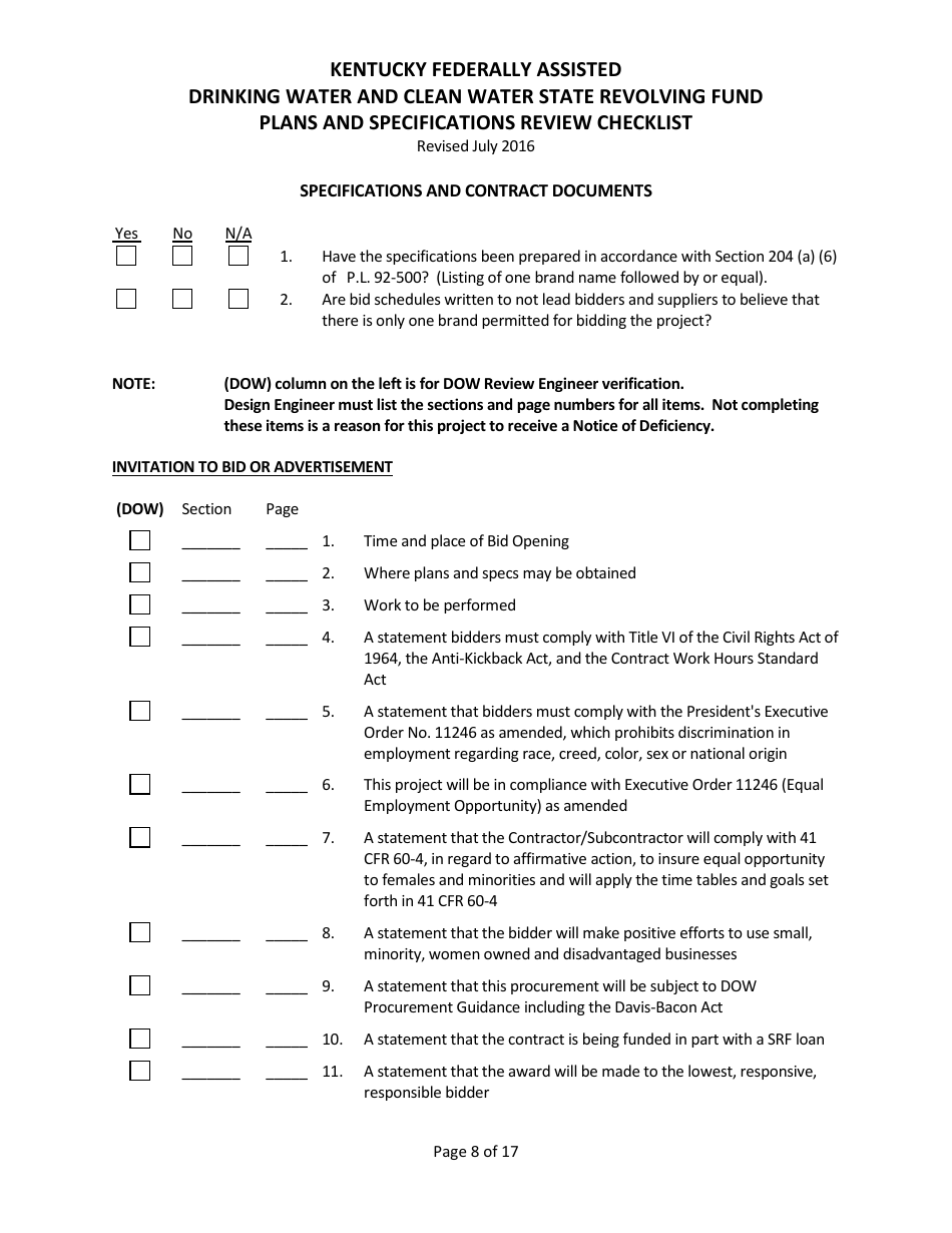 Plans and Specifications Review Checklist - Drinking Water and Clean Water State Revolving Fund - Kentucky, Page 8