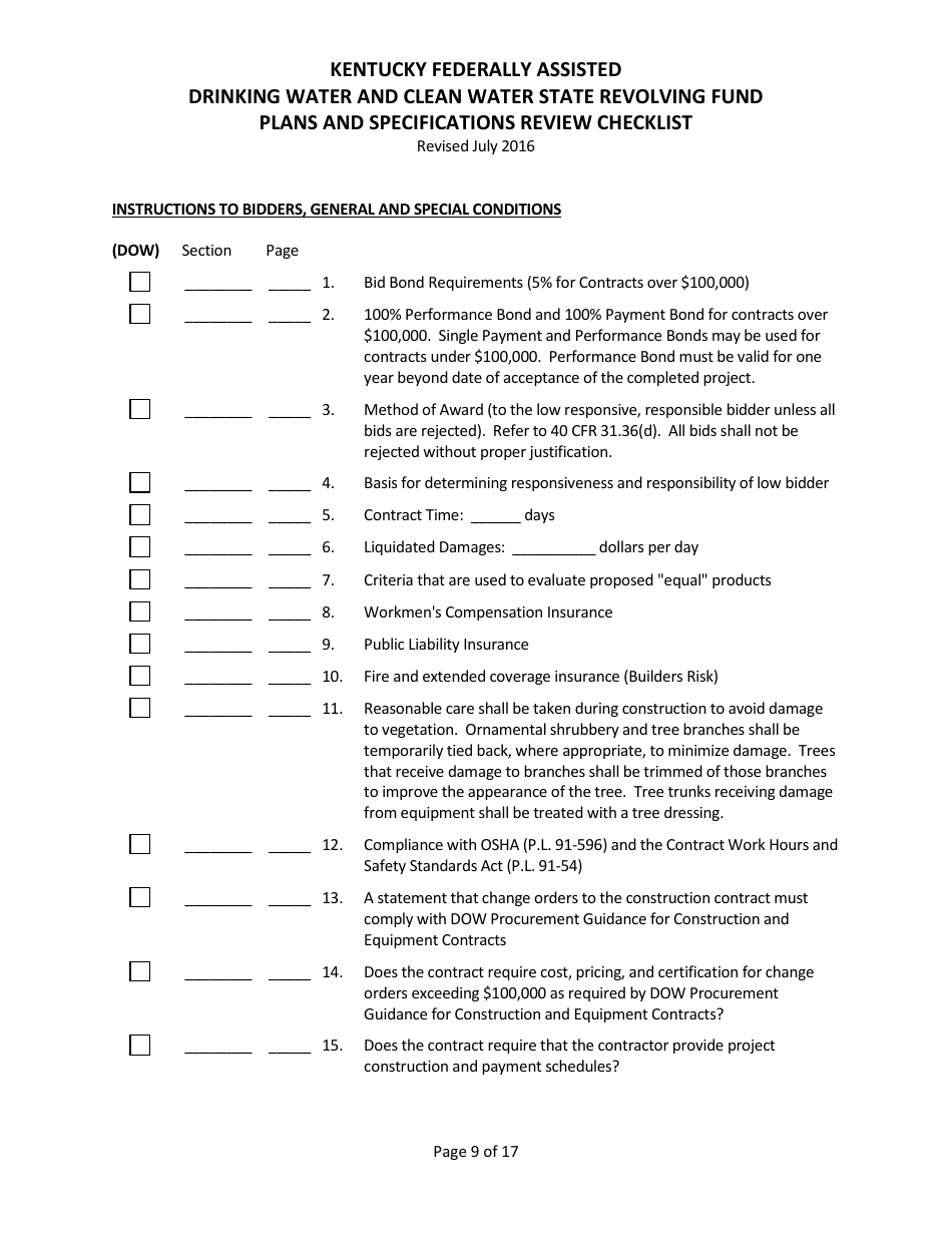 Plans and Specifications Review Checklist - Drinking Water and Clean Water State Revolving Fund - Kentucky, Page 9