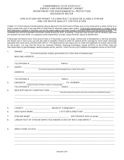 Application for Permit to Construct Across or Along Stream and / or Water Quality Certification - Kentucky Download Pdf