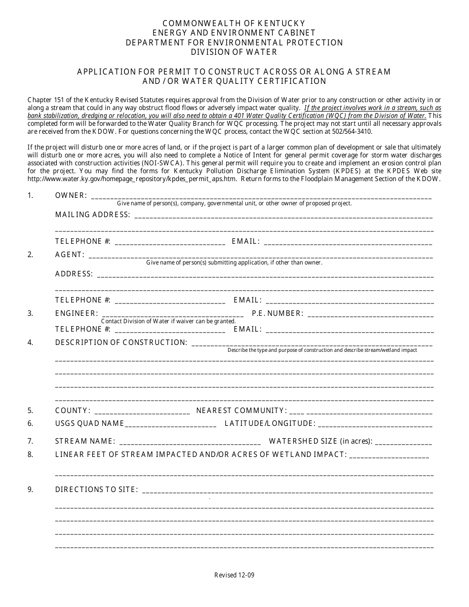 Application for Permit to Construct Across or Along Stream and / or Water Quality Certification - Kentucky, Page 1
