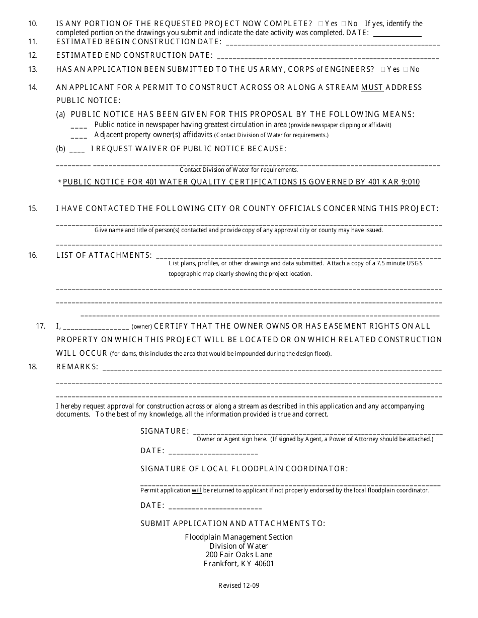 Application for Permit to Construct Across or Along Stream and / or Water Quality Certification - Kentucky, Page 2