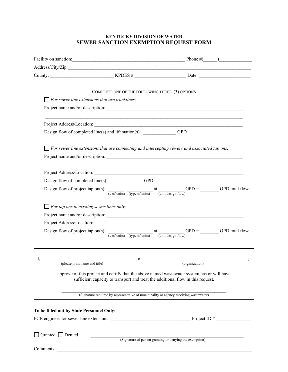 Sewer Sanction Exemption Request Form - Kentucky, Page 1