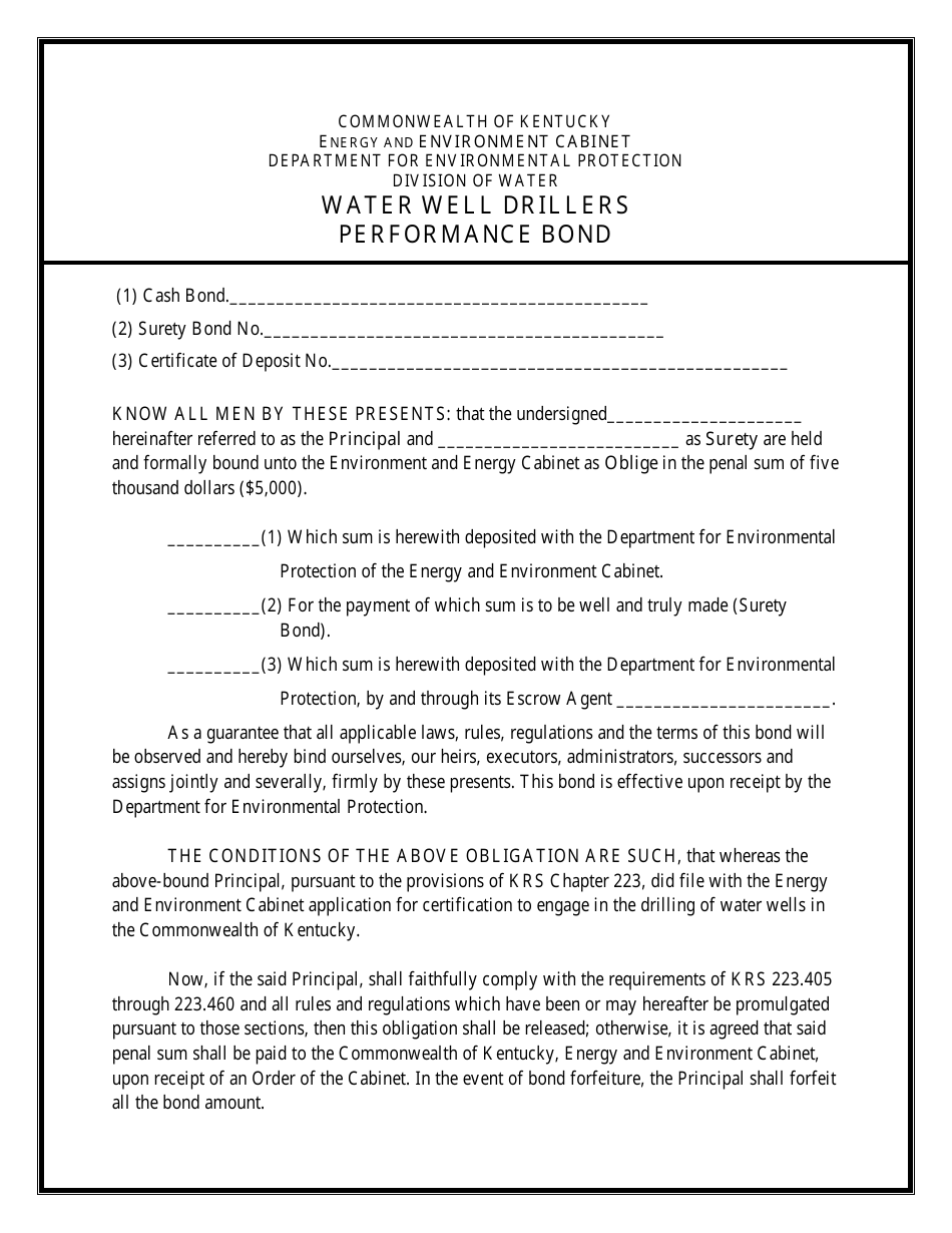 Water Well Drillers Performance Bond Form - Kentucky, Page 1