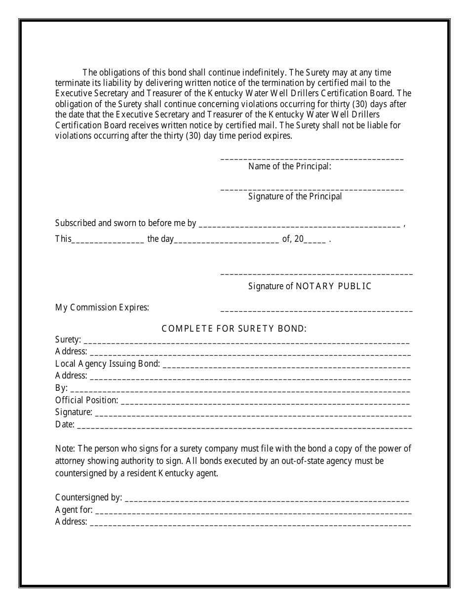 Kentucky Water Well Drillers Performance Bond Form - Fill Out, Sign ...