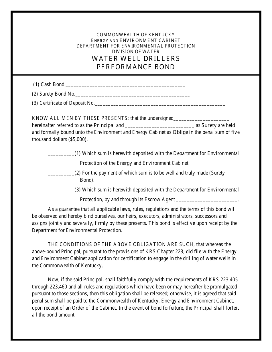 Kentucky Water Well Drillers Performance Bond Form Fill Out, Sign