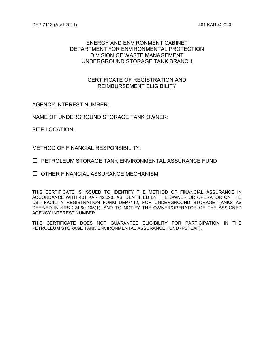 Form DEP7113 Certificate of Registration and Reimbursement Eligibility - Kentucky, Page 1