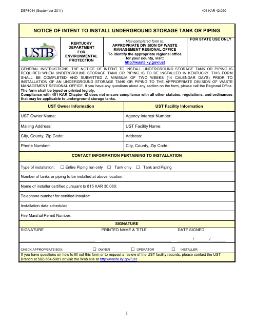 Form DEP8044 Notice of Intent to Install Underground Storage Tank or Piping - Kentucky