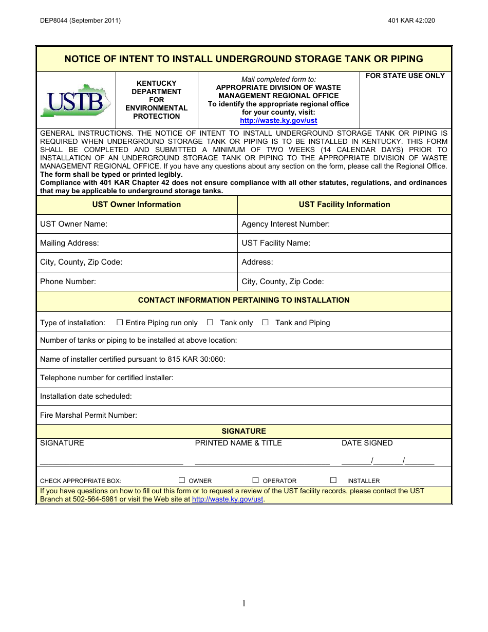 Form DEP8044 Notice of Intent to Install Underground Storage Tank or Piping - Kentucky, Page 1