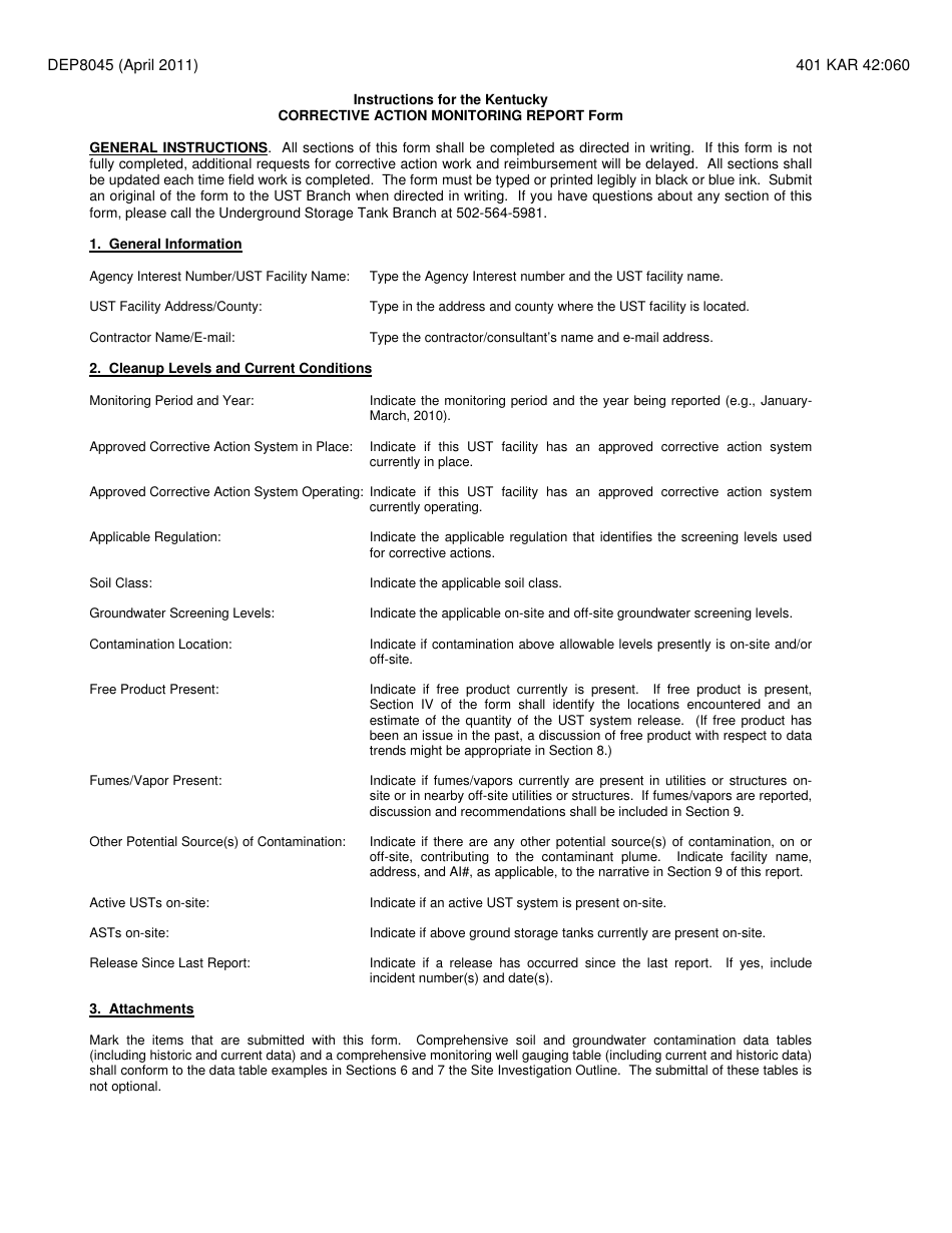 Form DEP8045 Corrective Action Monitoring Report Form - Kentucky, Page 1