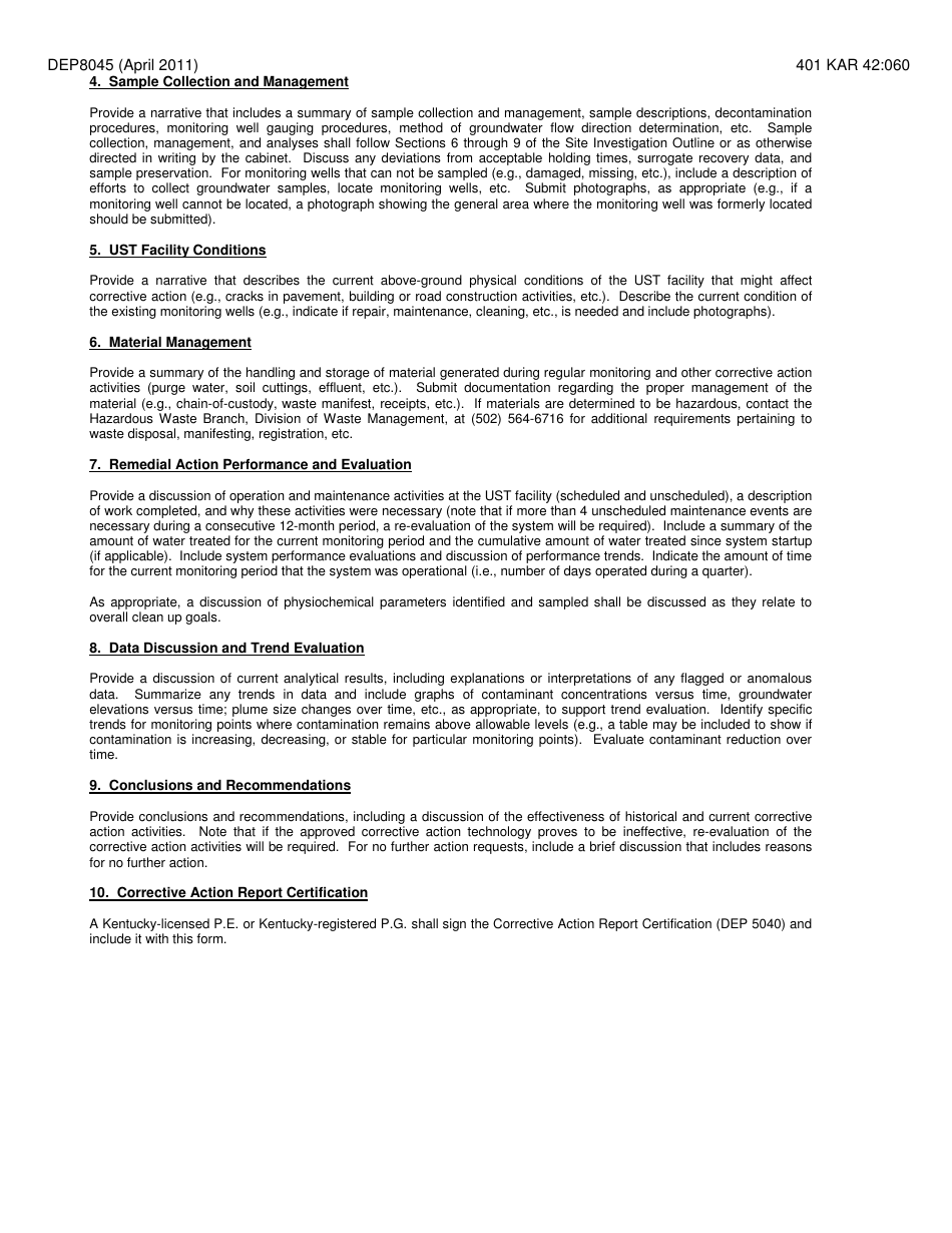 Form DEP8045 Corrective Action Monitoring Report Form - Kentucky, Page 2