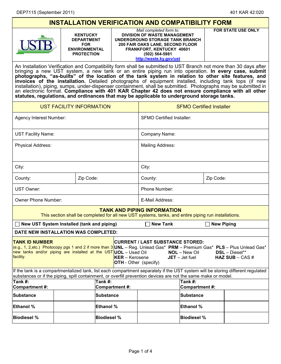Form DEP7115 Installation Verification and Compatibility Form - Kentucky, Page 1