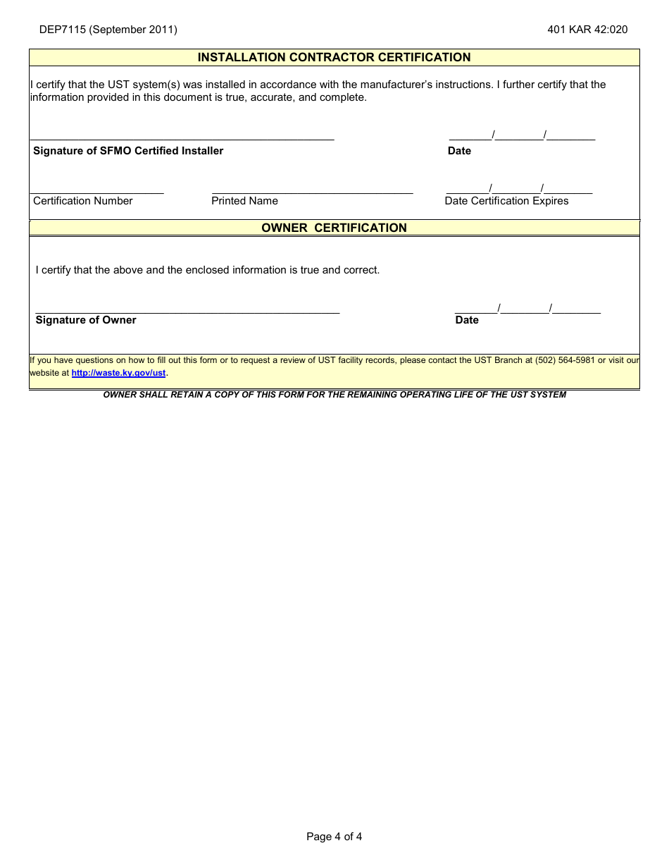 Form DEP7115 Installation Verification and Compatibility Form - Kentucky, Page 4