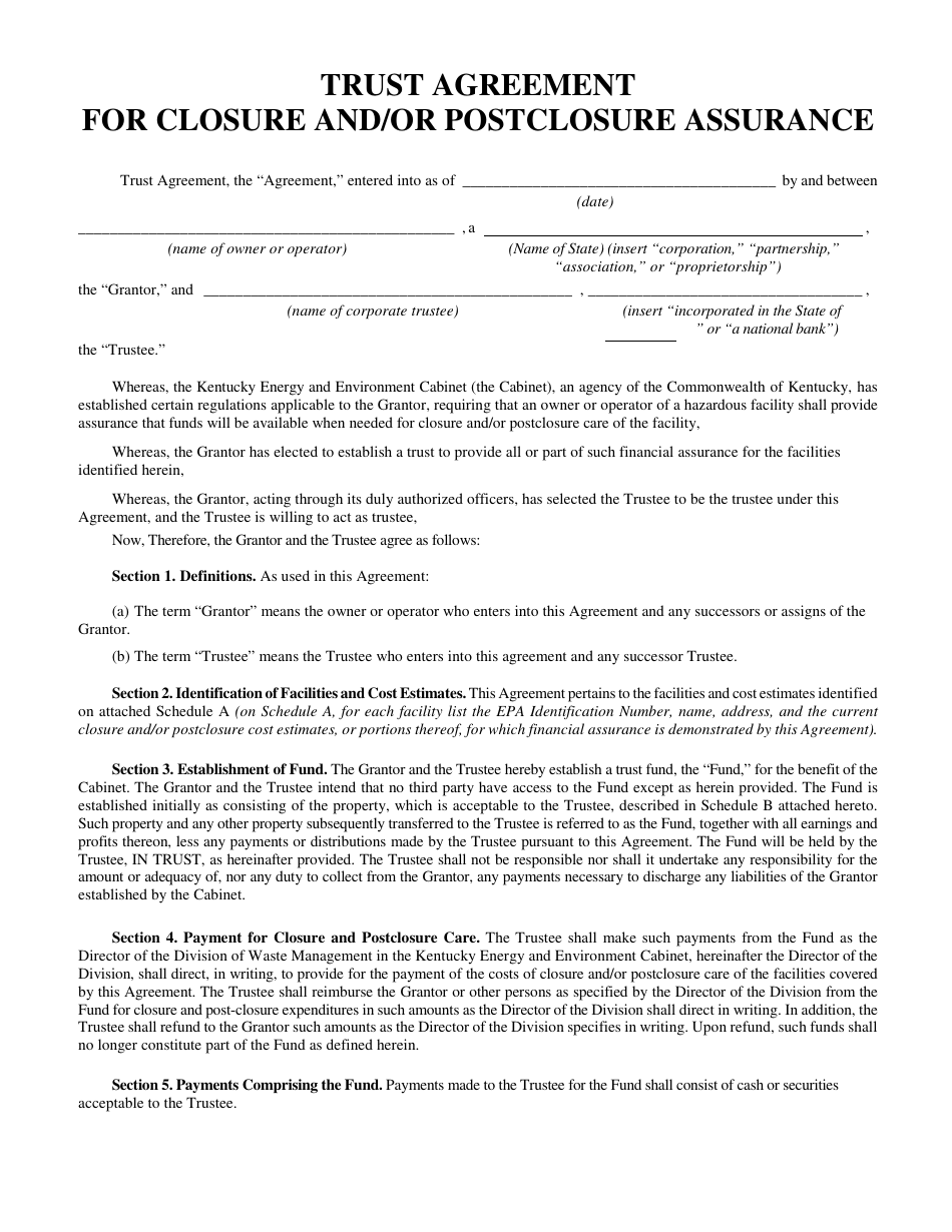 Trust Agreement for Closure and / or Postclosure Assurance - Kentucky, Page 1