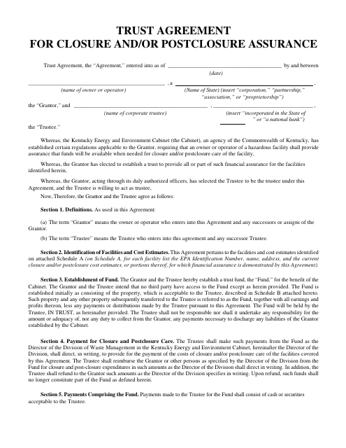 Trust Agreement for Closure and/or Postclosure Assurance - Kentucky